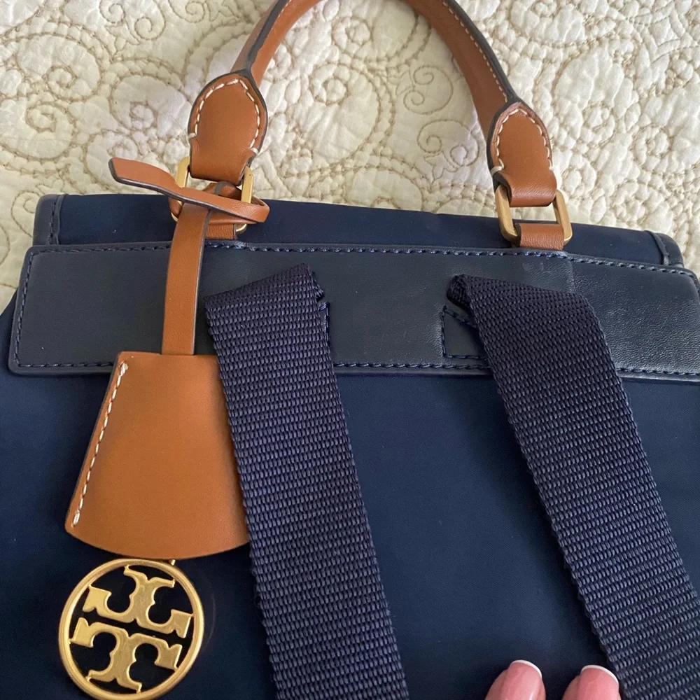 Tory Burch Navy Backpack with Tan Top Handle and Blue Trim